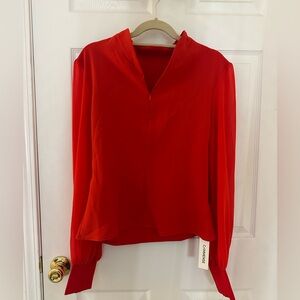 Bright Red Long Sleeve Blouse with Mesh Sleeves